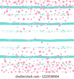 Wedding glitter confetti with dots on turquoise stripes. Falling sequins with metallic shimmer. Design with pink wedding glitter for greeting card, bridal shower and save the date invite.