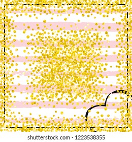 Wedding glitter confetti with dots on pink stripes. Falling sequins with shimmer and sparkles. Template with gold wedding glitter for greeting card, bridal shower and save the date invite.