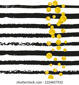 Wedding glitter confetti with dots on black stripes. Shiny random sequins with metallic sparkles. Template with gold wedding glitter for party invitation, event banner, flyer, birthday card.