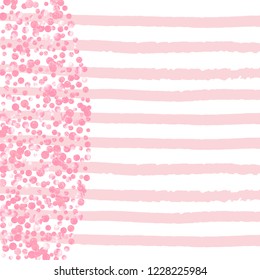 Wedding glitter confetti with dots on pink stripes. Shiny random falling sequins with shimmer. Design with pink wedding glitter for party invitation, bridal shower and save the date invite.
