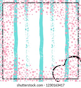 Wedding glitter confetti with dots on turquoise stripes. Shiny random falling sequins with shimmer. Design with pink wedding glitter for party invitation, event banner, flyer, birthday card.