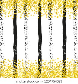 Wedding glitter confetti with dots on black stripes. Shiny random sequins with metallic sparkles. Design with gold wedding glitter for party invitation, bridal shower and save the date invite.