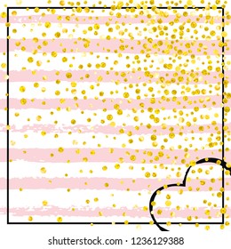 Wedding glitter confetti with dots on pink stripes. Random falling sequins with glossy sparkles. Template with gold wedding glitter for party invitation, event banner, flyer, birthday card.