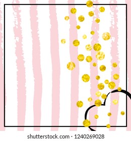Wedding glitter confetti with dots on pink stripes. Random falling sequins with metallic shimmer. Design with gold wedding glitter for party invitation, bridal shower and save the date invite.