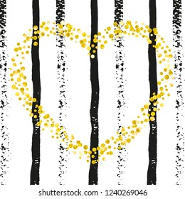 Wedding glitter confetti with dots on black stripes. Shiny random falling sequins with shimmer. Template with gold wedding glitter for party invitation, banner, greeting card, bridal shower.