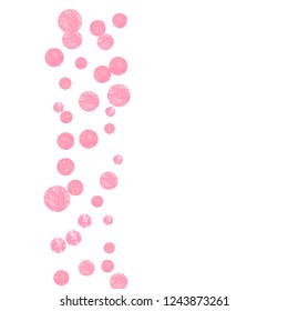 Wedding glitter confetti with dots on isolated backdrop. Falling sequins with metallic shimmer. Design with pink wedding glitter for greeting card, bridal shower and save the date invite.