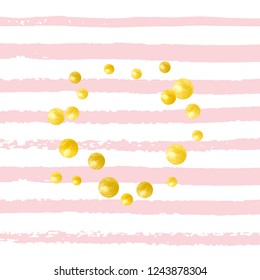 Wedding glitter confetti with dots on pink stripes. Shiny random sequins with metallic sparkles. Template with gold wedding glitter for party invitation, bridal shower and save the date invite.