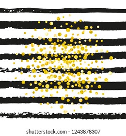 Wedding glitter confetti with dots on black stripes. Falling sequins with shimmer and sparkles. Template with gold wedding glitter for party invitation, event banner, flyer, birthday card.