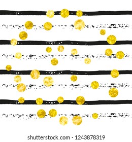 Wedding glitter confetti with dots on black stripes. Shiny random falling sequins with sparkles. Design with gold wedding glitter for party invitation, banner, greeting card, bridal shower.