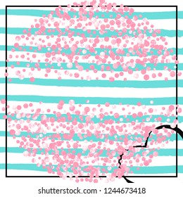 Wedding glitter confetti with dots on turquoise stripes. Random falling sequins with glossy sparkles. Design with pink wedding glitter for party invitation, bridal shower and save the date invite.