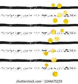 Wedding glitter confetti with dots on black stripes. Shiny random falling sequins with sparkles. Design with gold wedding glitter for greeting card, bridal shower and save the date invite.