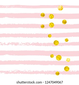 Wedding glitter confetti with dots on pink stripes. Sequins with metallic shimmer and sparkles. Template with gold wedding glitter for party invitation, banner, greeting card, bridal shower.