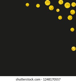 Wedding glitter confetti with dots on isolated backdrop. Shiny random falling sequins with shimmer. Design with gold wedding glitter for party invitation, bridal shower and save the date invite.