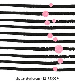 Wedding glitter confetti with dots on black stripes. Random falling sequins with glossy sparkles. Template with pink wedding glitter for party invitation, bridal shower and save the date invite.