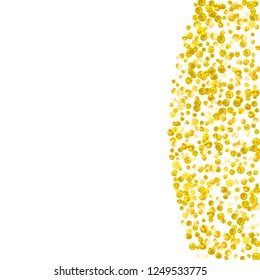 Wedding glitter confetti with dots on isolated backdrop. Falling sequins with shimmer and sparkles. Design with gold wedding glitter for party invitation, banner, greeting card, bridal shower.