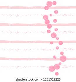 Wedding glitter confetti with dots on pink stripes. Random falling sequins with glossy sparkles. Template with pink wedding glitter for party invitation, banner, greeting card, bridal shower.