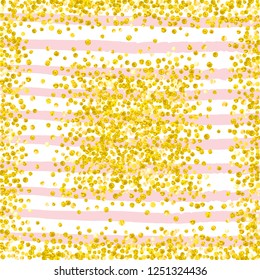 Wedding glitter confetti with dots on pink stripes. Falling sequins with shimmer and sparkles. Template with gold wedding glitter for party invitation, banner, greeting card, bridal shower.