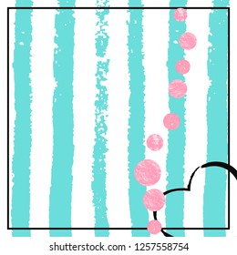 Wedding glitter confetti with dots on turquoise stripes. Shiny random falling sequins with sparkles. Design with pink wedding glitter for party invitation, bridal shower and save the date invite.
