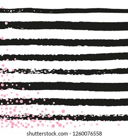 Wedding glitter confetti with dots on black stripes. Shiny falling sequins with shimmer and sparkles. Template with pink wedding glitter for party invitation, event banner, flyer, birthday card.