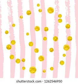 Wedding glitter confetti with dots on pink stripes. Falling sequins with metallic shimmer. Template with gold wedding glitter for party invitation, banner, greeting card, bridal shower.