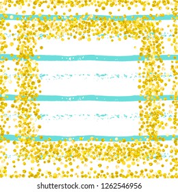 Wedding glitter confetti with dots on turquoise stripes. Shiny random sequins with metallic sparkles. Design with gold wedding glitter for party invitation, bridal shower and save the date invite.