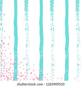 Wedding glitter confetti with dots on turquoise stripes. Falling sequins with shimmer and sparkles. Design with pink wedding glitter for party invitation, bridal shower and save the date invite.