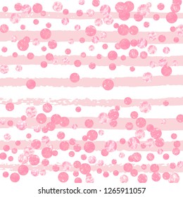 Wedding glitter confetti with dots on pink stripes. Shiny falling sequins with shimmer and sparkles. Template with pink wedding glitter for greeting card, bridal shower and save the date invite.