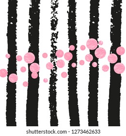 Wedding glitter confetti with dots on black stripes. Random falling sequins with metallic shimmer. Template with pink wedding glitter for party invitation, bridal shower and save the date invite.