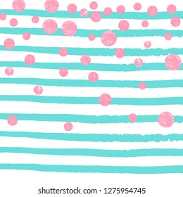 Wedding glitter confetti with dots on turquoise stripes. Sequins with metallic shimmer and sparkles. Design with pink wedding glitter for party invitation, event banner, flyer, birthday card.