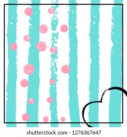 Wedding glitter confetti with dots on turquoise stripes. Falling sequins with shimmer and sparkles. Design with pink wedding glitter for greeting card, bridal shower and save the date invite.