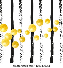 Wedding glitter confetti with dots on black stripes. Shiny random falling sequins with shimmer. Template with gold wedding glitter for party invitation, event banner, flyer, birthday card.