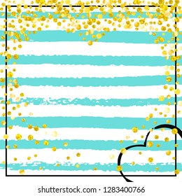 Wedding glitter confetti with dots on turquoise stripes. Falling sequins with metallic shimmer. Design with gold wedding glitter for party invitation, event banner, flyer, birthday card.
