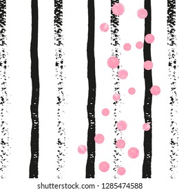 Wedding glitter confetti with dots on black stripes. Shiny random falling sequins with sparkles. Template with pink wedding glitter for party invitation, banner, greeting card, bridal shower.