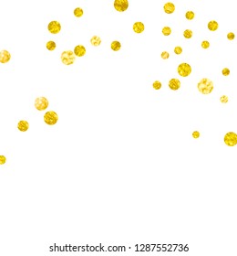 Wedding glitter confetti with dots on isolated backdrop. Falling sequins with shimmer and sparkles. Design with gold wedding glitter for party invitation, event banner, flyer, birthday card.