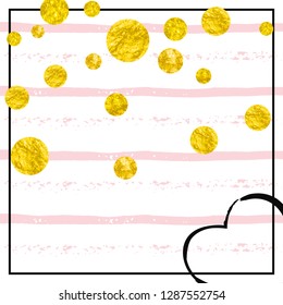 Wedding glitter confetti with dots on pink stripes. Sequins with metallic shimmer and sparkles. Template with gold wedding glitter for party invitation, bridal shower and save the date invite.