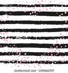 Wedding glitter confetti with dots on black stripes. Shiny random falling sequins with sparkles. Design with pink wedding glitter for party invitation, banner, greeting card, bridal shower.