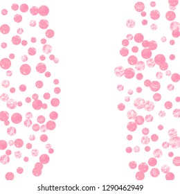 Wedding glitter confetti with dots on isolated backdrop. Falling sequins with shimmer and sparkles. Design with pink wedding glitter for greeting card, bridal shower and save the date invite.