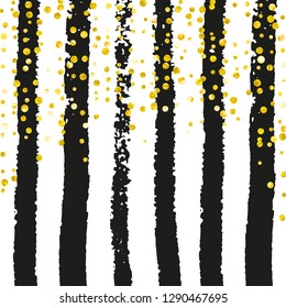 Wedding glitter confetti with dots on black stripes. Shiny random falling sequins with sparkles. Design with gold wedding glitter for greeting card, bridal shower and save the date invite.