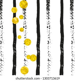 Wedding glitter confetti with dots on black stripes. Sequins with metallic shimmer and sparkles. Design with gold wedding glitter for party invitation, banner, greeting card, bridal shower.