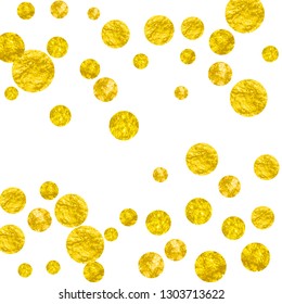 Wedding glitter confetti with dots on isolated backdrop. Falling sequins with shimmer and sparkles. Design with gold wedding glitter for greeting card, bridal shower and save the date invite.