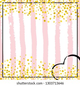 Wedding glitter confetti with dots on pink stripes. Random falling sequins with glossy sparkles. Design with gold wedding glitter for party invitation, bridal shower and save the date invite.