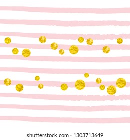 Wedding glitter confetti with dots on pink stripes. Falling sequins with glossy sparkles. Design with gold wedding glitter for party invitation, bridal shower and save the date invite.