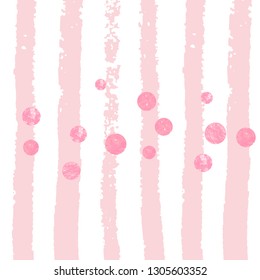 Wedding glitter confetti with dots on pink stripes. Shiny random falling sequins with shimmer. Template with pink wedding glitter for party invitation, event banner, flyer, birthday card.
