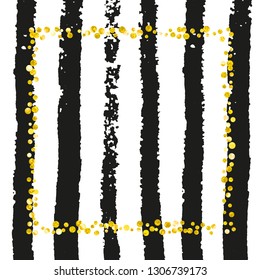 Wedding glitter confetti with dots on black stripes. Random falling sequins with metallic shimmer. Template with gold wedding glitter for greeting card, bridal shower and save the date invite.