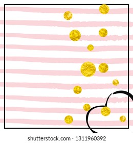 Wedding glitter confetti with dots on pink stripes. Falling sequins with shimmer and sparkles. Template with gold wedding glitter for party invitation, event banner, flyer, birthday card.