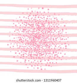 Wedding glitter confetti with dots on pink stripes. Shiny random falling sequins with sparkles. Template with pink wedding glitter for greeting card, bridal shower and save the date invite.