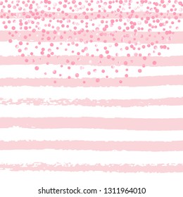 Wedding glitter confetti with dots on pink stripes. Falling sequins with glossy sparkles. Design with pink wedding glitter for party invitation, bridal shower and save the date invite.