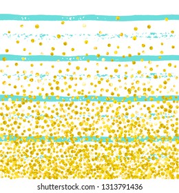 Wedding glitter confetti with dots on turquoise stripes. Falling sequins with metallic shimmer. Design with gold wedding glitter for party invitation, event banner, flyer, birthday card.