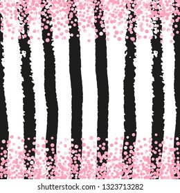 Wedding glitter confetti with dots on black stripes. Shiny falling sequins with shimmer and sparkles. Template with pink wedding glitter for party invitation, banner, greeting card, bridal shower.