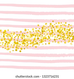 Wedding glitter confetti with dots on pink stripes. Random falling sequins with metallic shimmer. Template with gold wedding glitter for party invitation, event banner, flyer, birthday card.